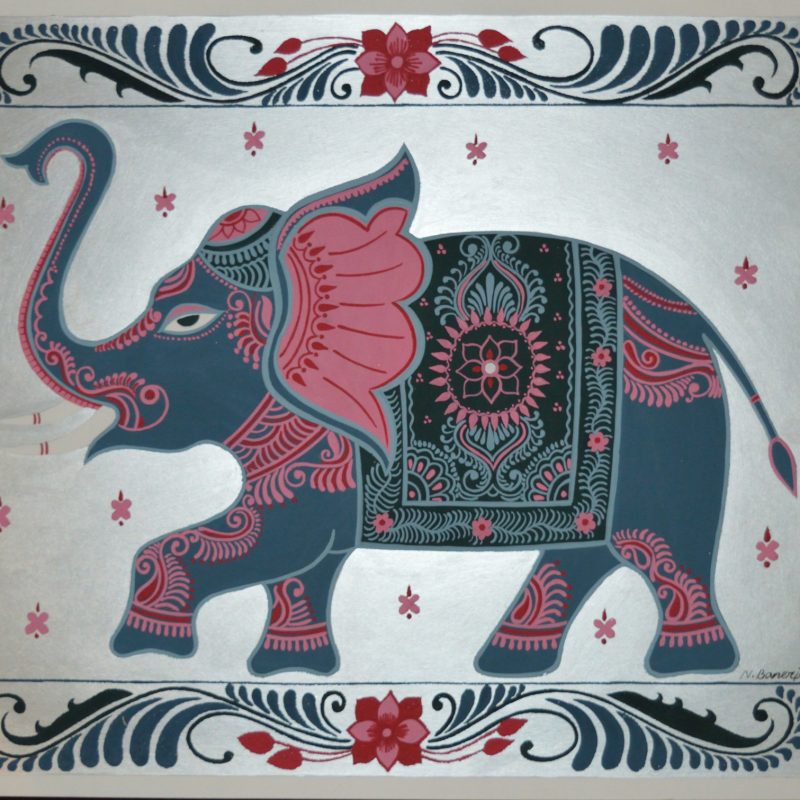 Grey and pink elephant with trunk up and grey and red motif top and bottom