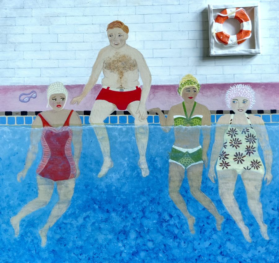 Painting of peole swimming in a swimming pool