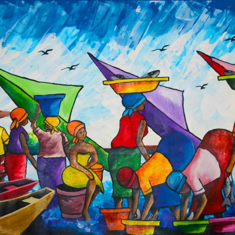 A busy fishing scene with colourful boats, men and women working