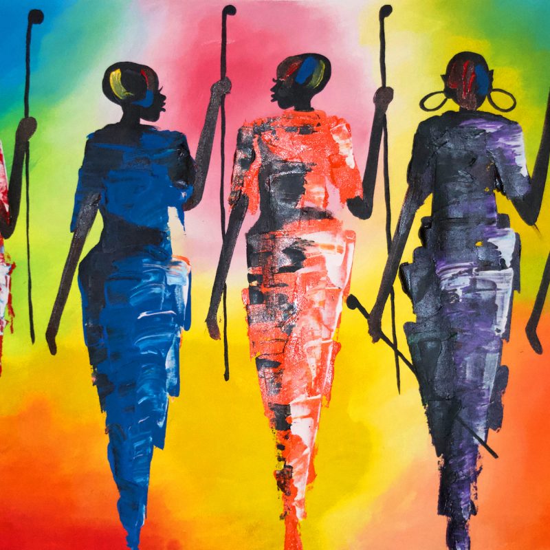 Brightly coloured acrylic painting of five Kenyan women walking into the sunset