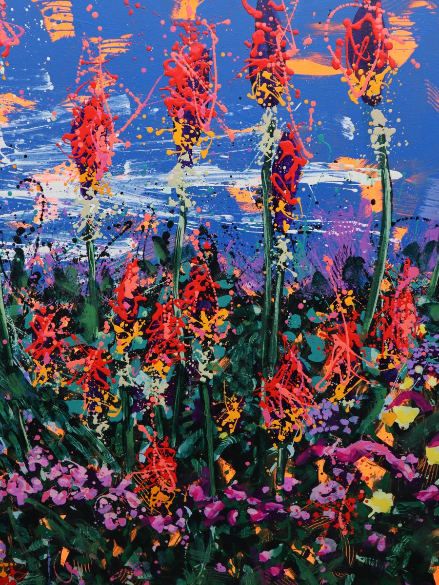 A large oil painting of spikey flowers emerging from a sea of foliage