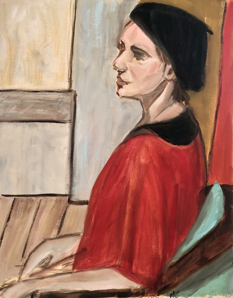 Artists studio portrait in oils of a young woman in a red top with a black beret