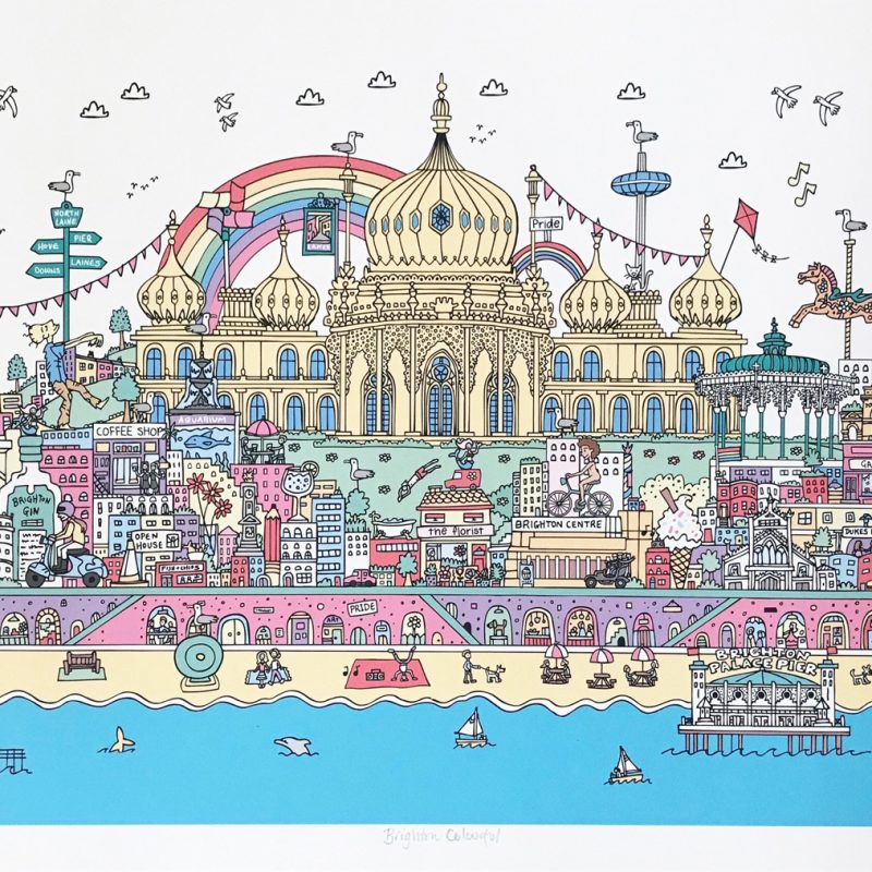 A busy illustrated ‘mash up’ of Brighton landmarks, people and wildlife. There is always something new to discover within this intricate celebration of Brighton City