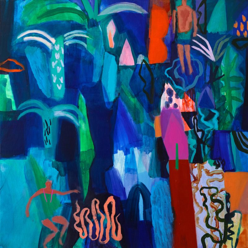 Dark Blue painting with hight lights of bright green, turquoise, orange, red and magenta. A painting filled with tropical palms, and foliage, set around a dark pool where a person swims and another person stands on the edge.