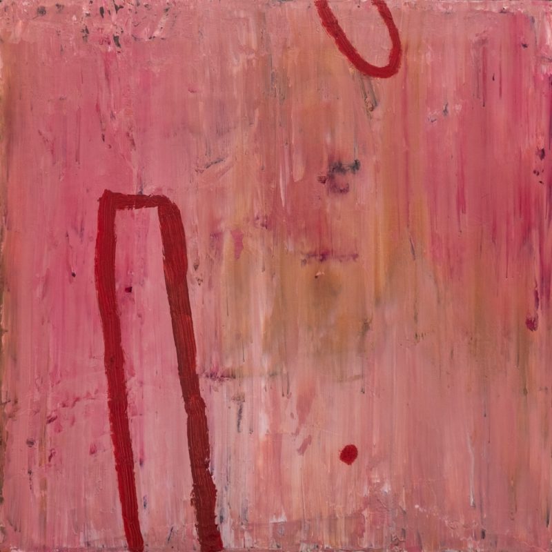 Abstract painting, rich ground of pinks thickly layered with 3 painted strong shapes overlayed.