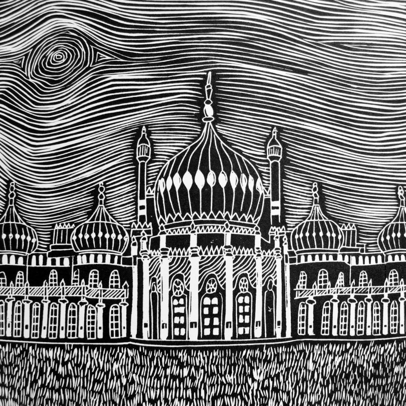 Royal Pavilion black and white digital image from linocut