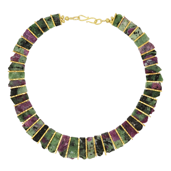 A Ruby Zoisite Tab necklace. Ruby-zoisite is the natural combination of both ruby and green zoisite crystals in a single specimen. Tabs of gemstone separated by hammered pieces of gold plated silver (vermeil) with a handmade S catch 
