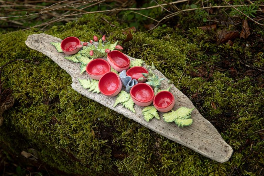 Organic ceramic sculpture on driftwood