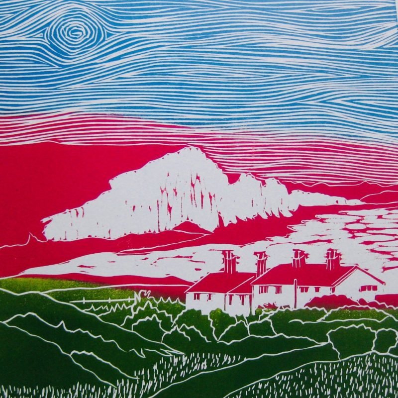 Seven Sisters, Sussex blue pink and green digital image from a linocut