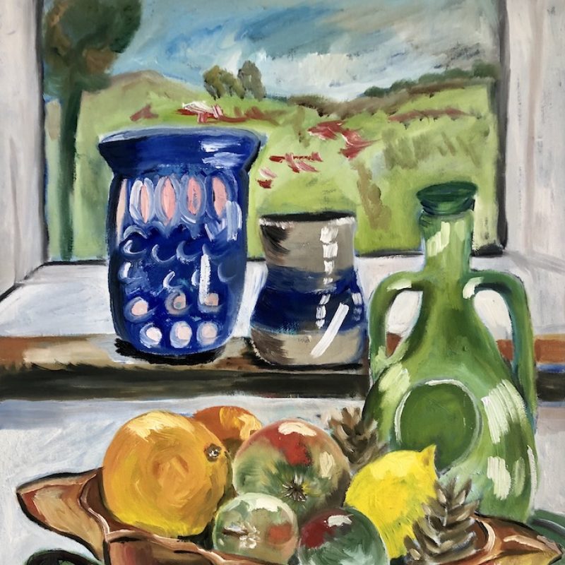 Sill Life, oil on canvas. Two blue pots on a windowsill with a view of the South Downs in the background. Green bottle and fruit bowl with oranges, apples, lemon and fir cones on a blue/green cloth 