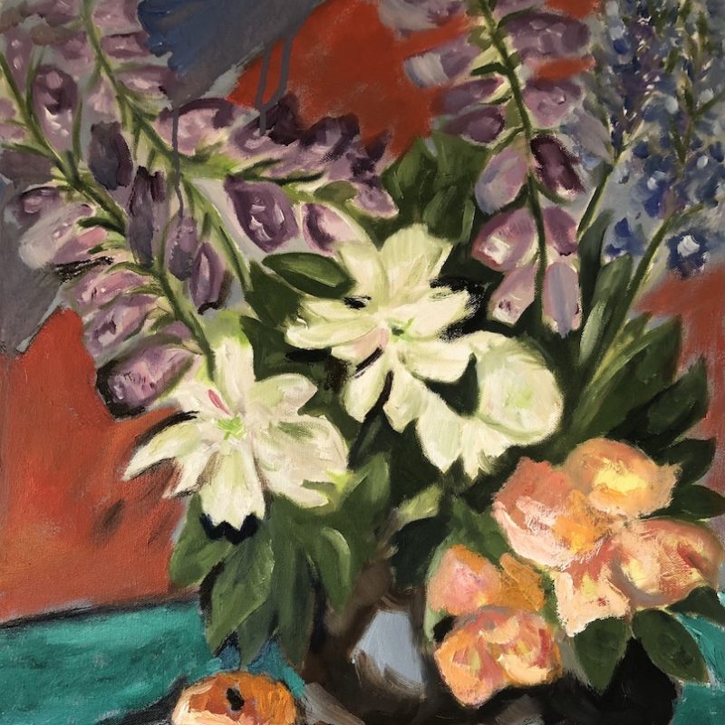 Vibrant flowers including foxgloves, white peonies and orange roses in a stone vase with a dish of red apples. The background is red and teal.