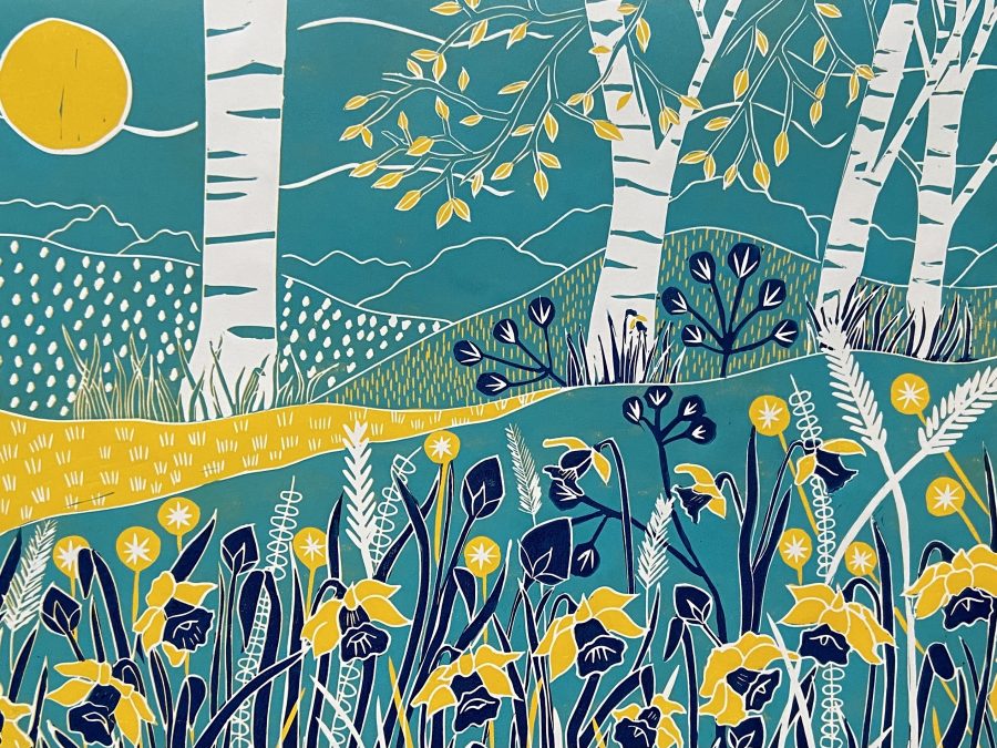 A turquoise and yellow linocut print of the Sussex Downs including daffodils and trees.