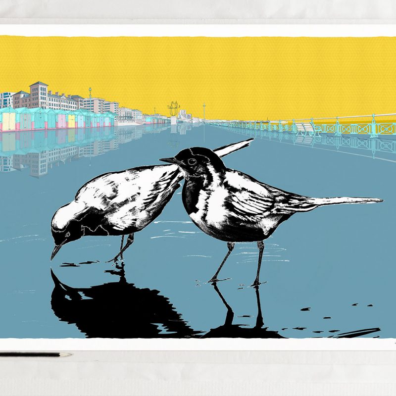 A pair of Wagtails birds by the Hove Plinth at Brighton Seafront art print by alej ez
