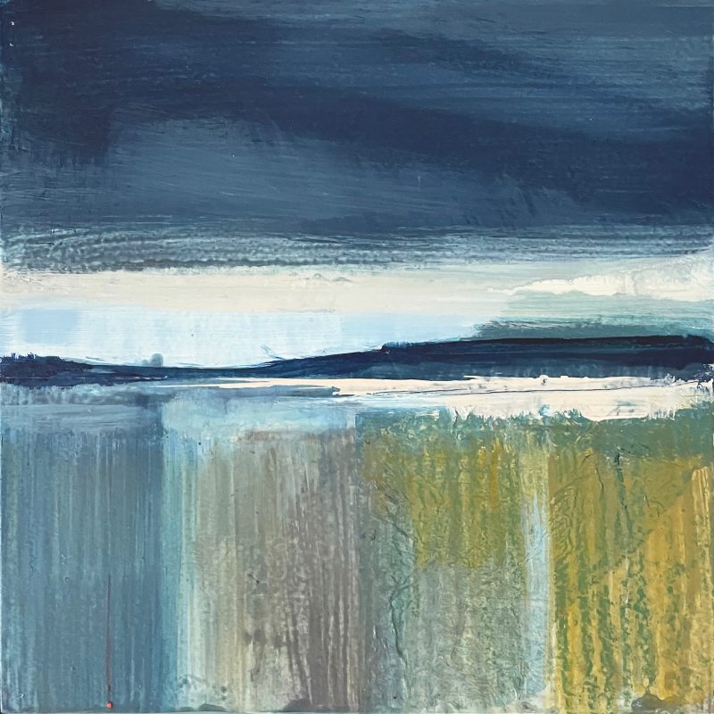 Atmospheric mixed media painting of the coast in deep blues, grey, ochre and white. Strong brush marks visible