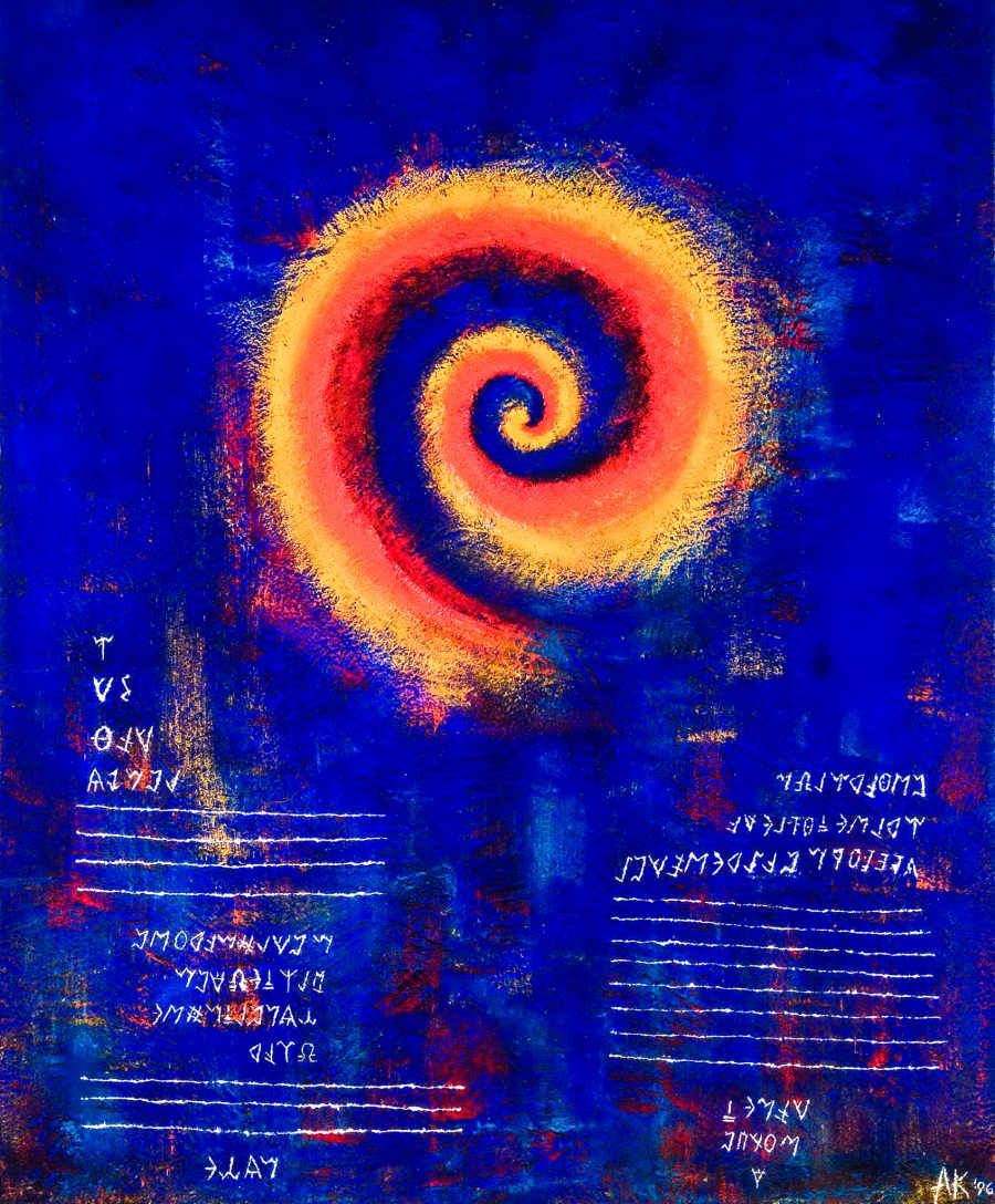 Spiral in orange and yellow with mirror writing