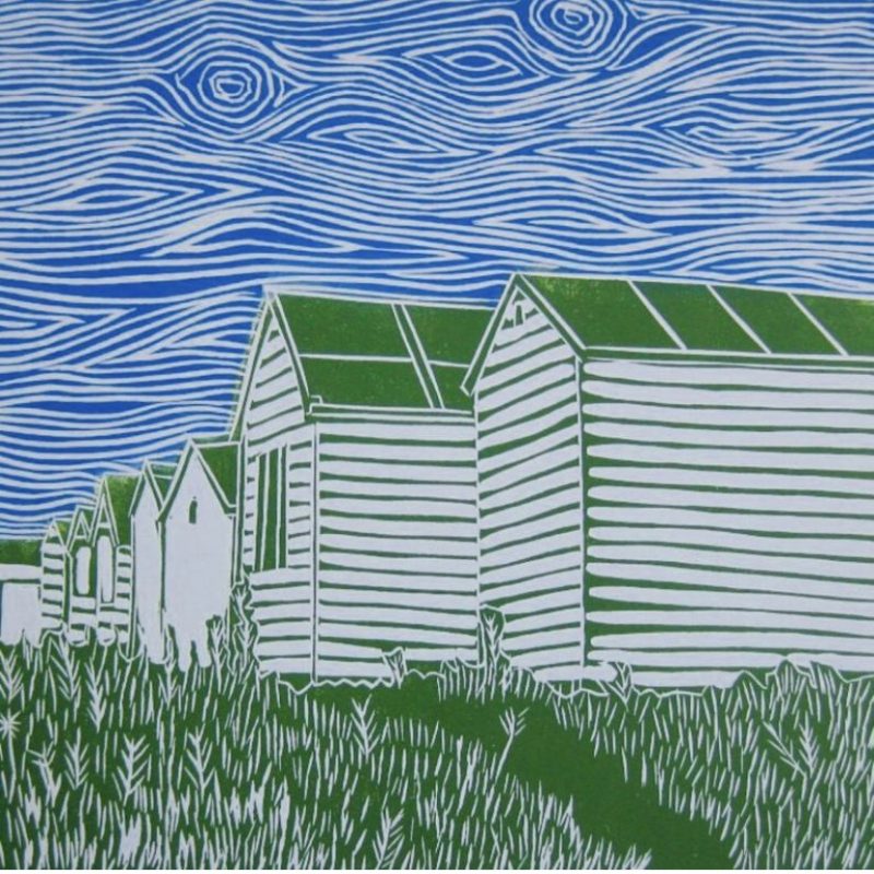 Shoreham Beach huts digital image of linocut print in blue and green