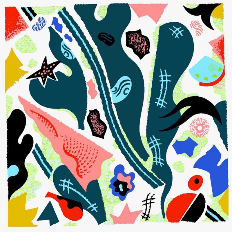 vibrant coloured print of bold abstract shapes and patterns 