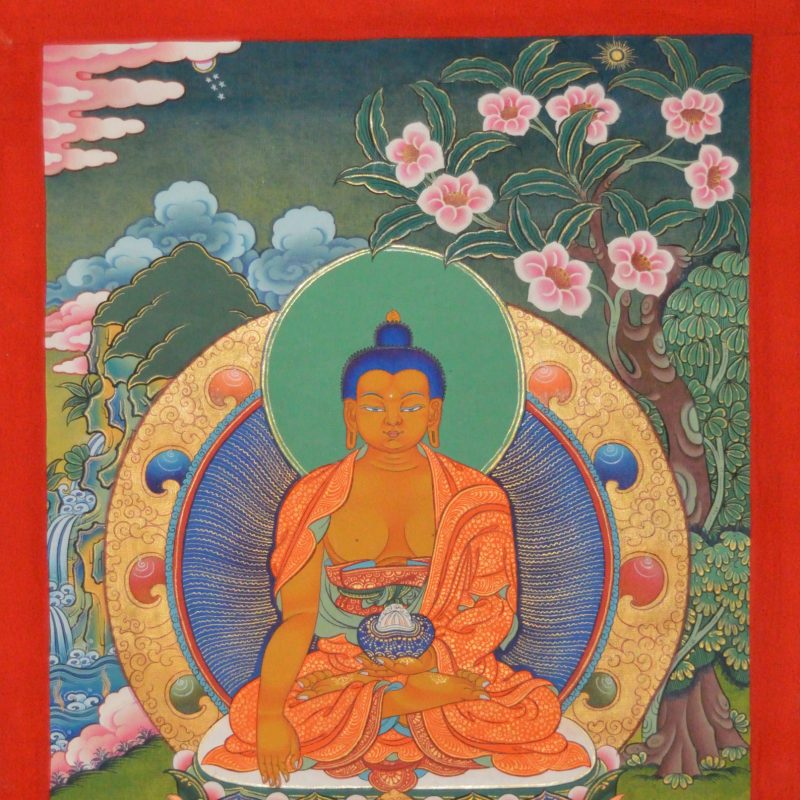 Avalokiteshvara meditates with beautiful flowers, trees in background