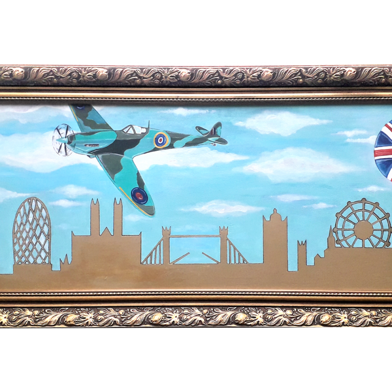 Representation of the London Skyline with a Spitfire plane and a Union Jack hot air balloon.