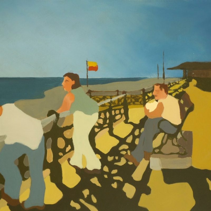 A whimsical, summer, painting of people viewing the swimmer flags along the lower promenade.