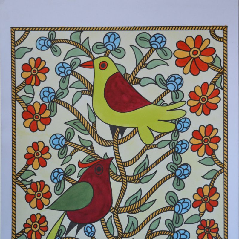Two birds in a tree with flowers in bright colours