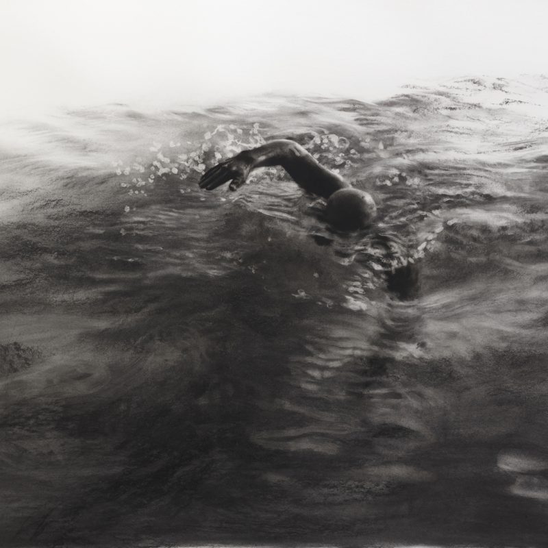Lone Swimmer from a surface perspective in black and white