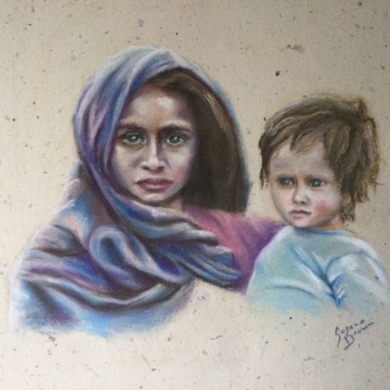 Woman holding child. Both looking outward at you. In eyes emotions are seen telling their story.