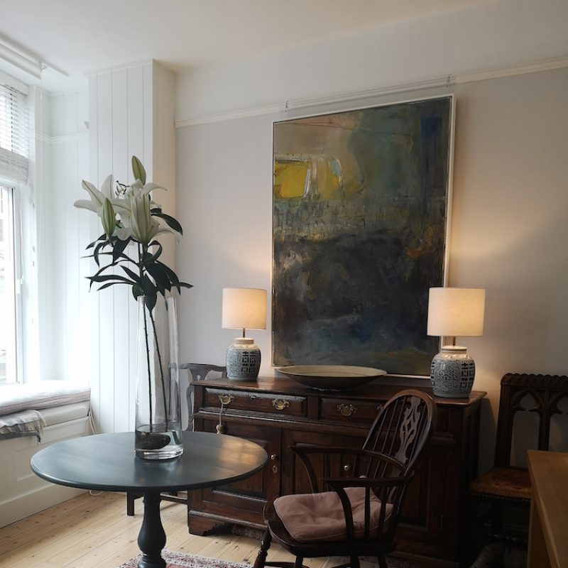 Large painting 'Ebb' in my home gallery.  hangs above an antique oak sideboard.