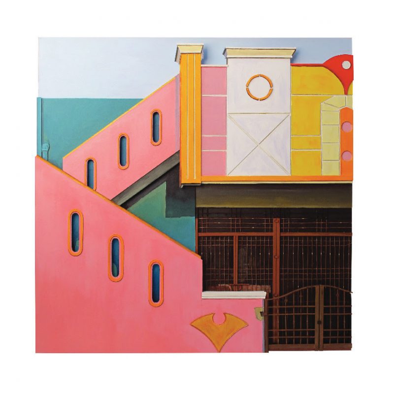 Painting of pink and green building built out in relief