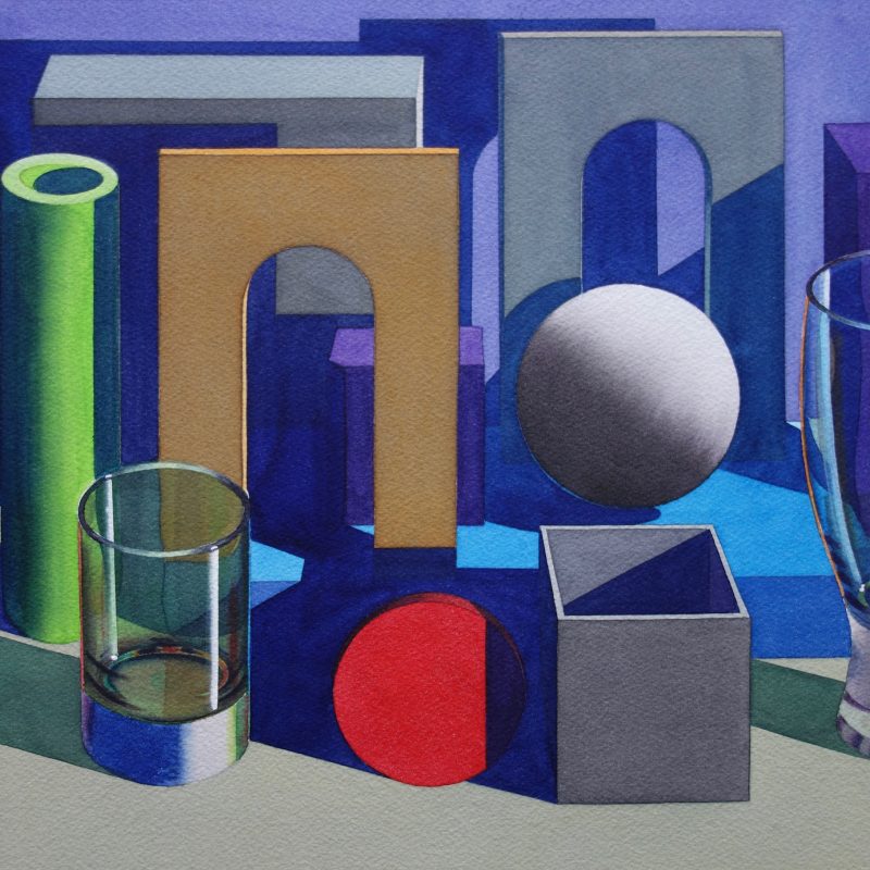 Colourful still life painting of glass vases and geometric shapes with strong lighting and shadows