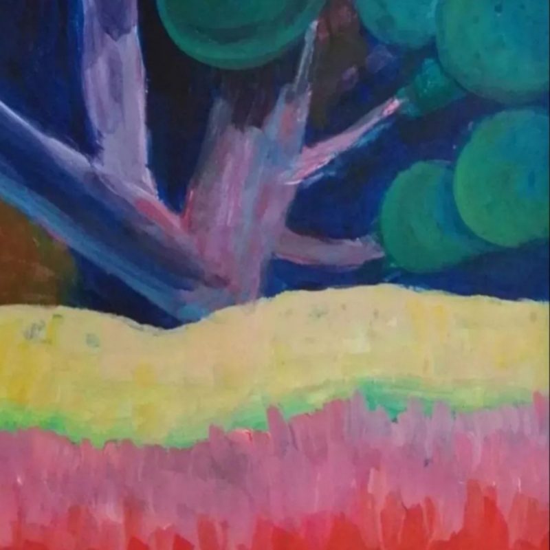 colourful abstract landscape with a tree, reds, blues, purple, yellow.