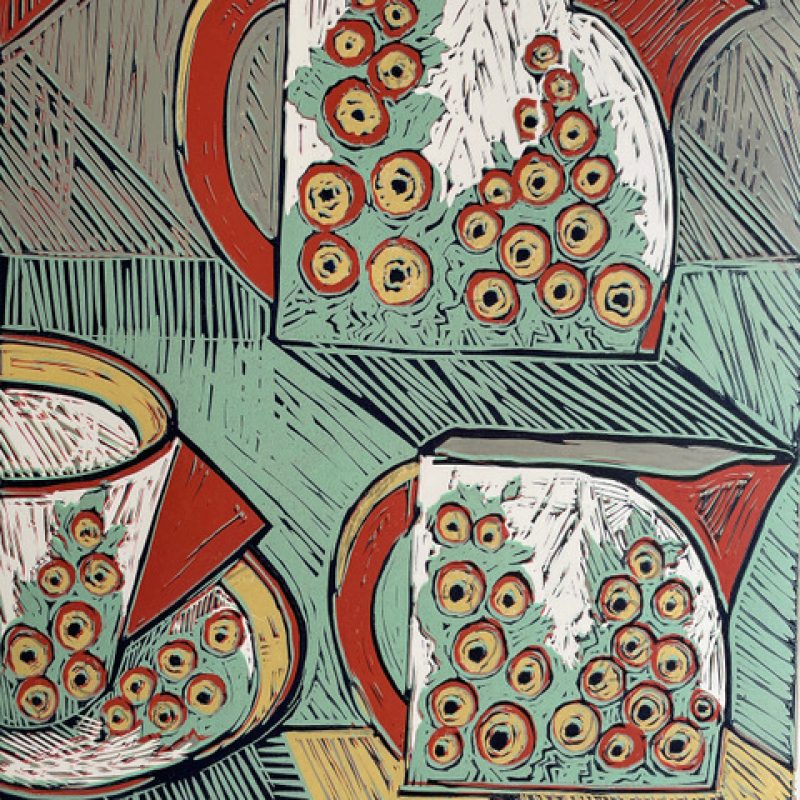A multi layered linocut print of a still life of jugs