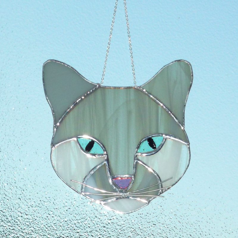 Stained Glass Grey Cat with blue eyes and pink nose