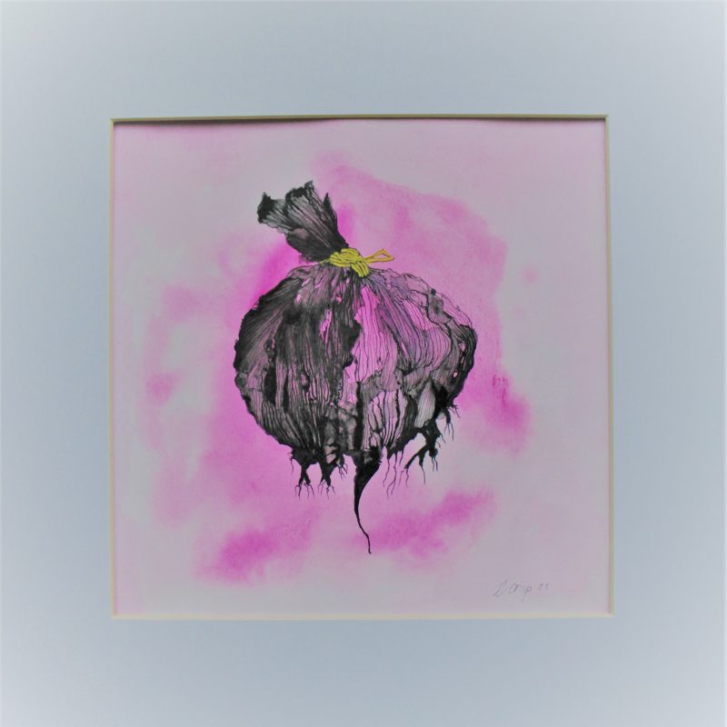 Hand drawn in pen and pencil, a black bin bag morphing into an organic form with roots and floating on a pink inked background