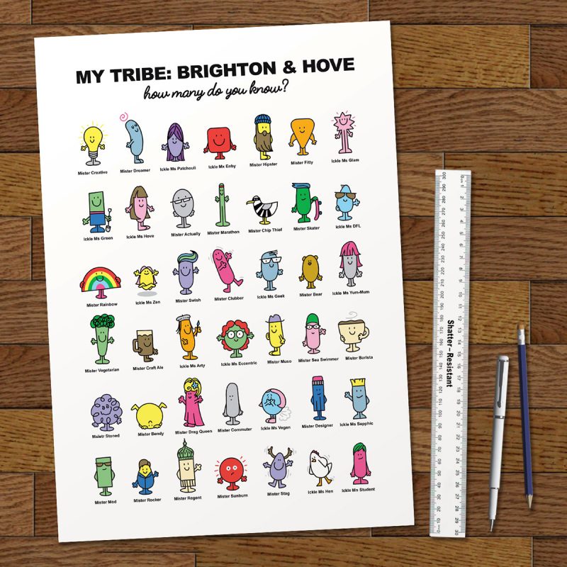 Fun cheeky graphic art about the types of people who live in Brighton and Hove