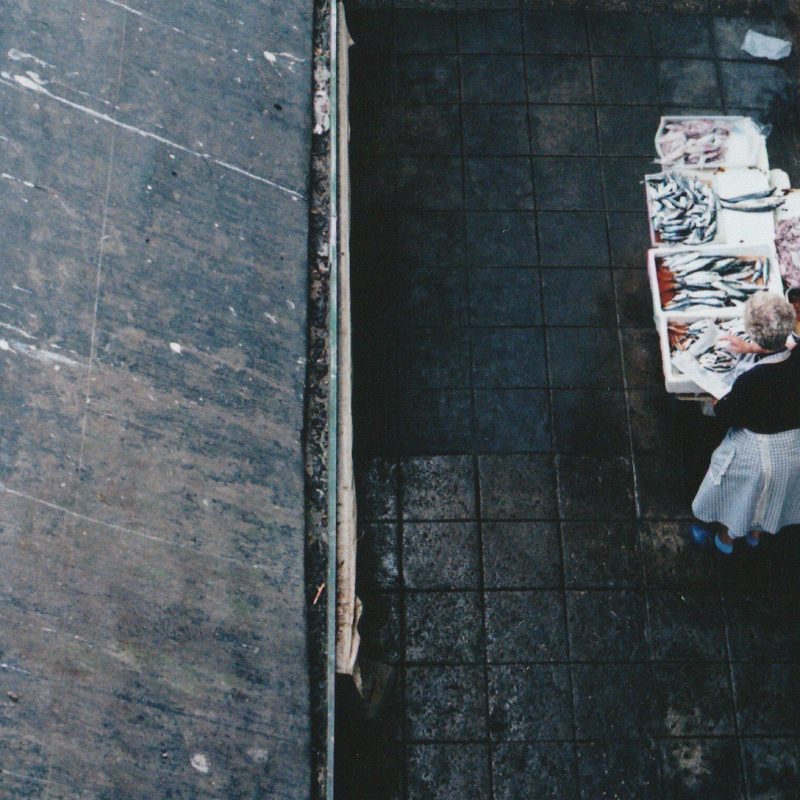 Aerial view of a fish market seller