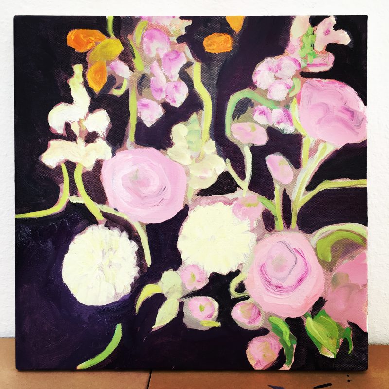 A floral painterly canvas of pale pink roses & other blooms with pale green foliage & a hint of orange on a rich dark velvet background, a contemporary version of a Dutch still-life.