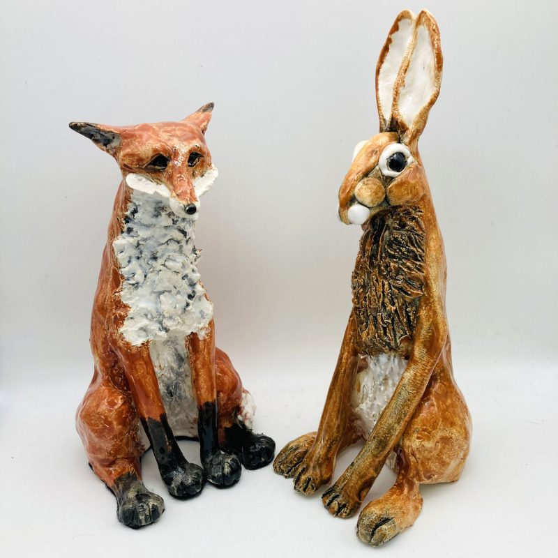 Handbuilt Ceramic Fox and Hare Sculptures