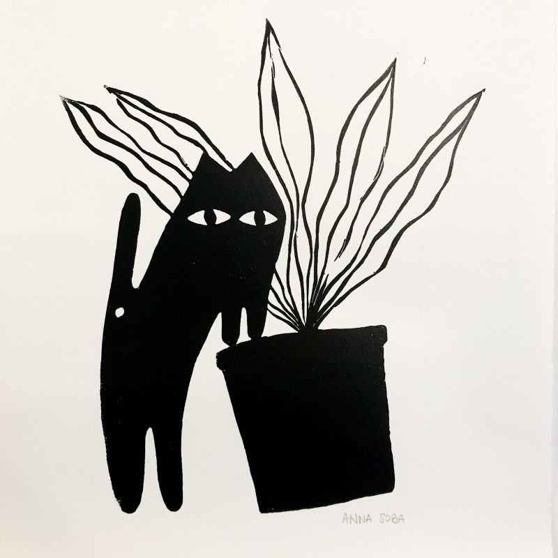 A black and white linocut print of a cat and a plant