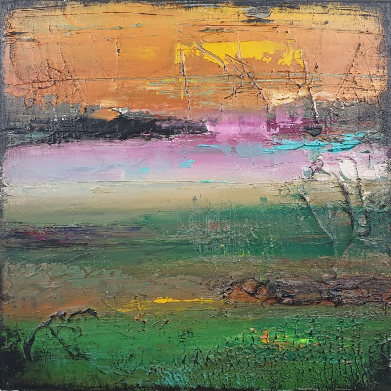 Abstract landscape,lots of texture. Green deep orange, deep reds and pink