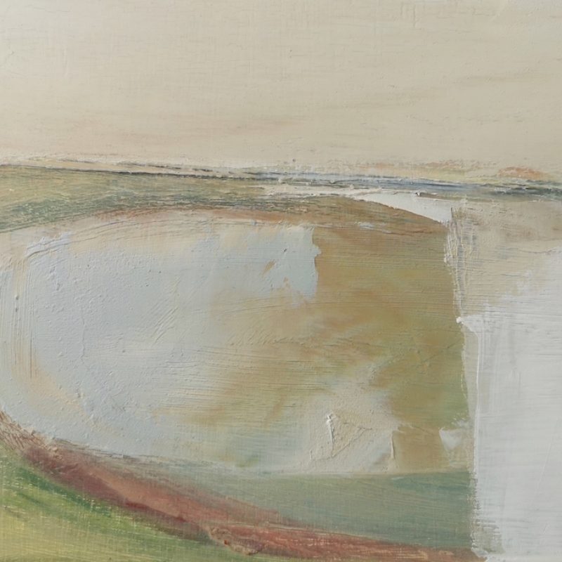 Chalkland - composition, small oil on board with soft, warm colours.  The image references the chalklands on the South Downs and dew ponds.