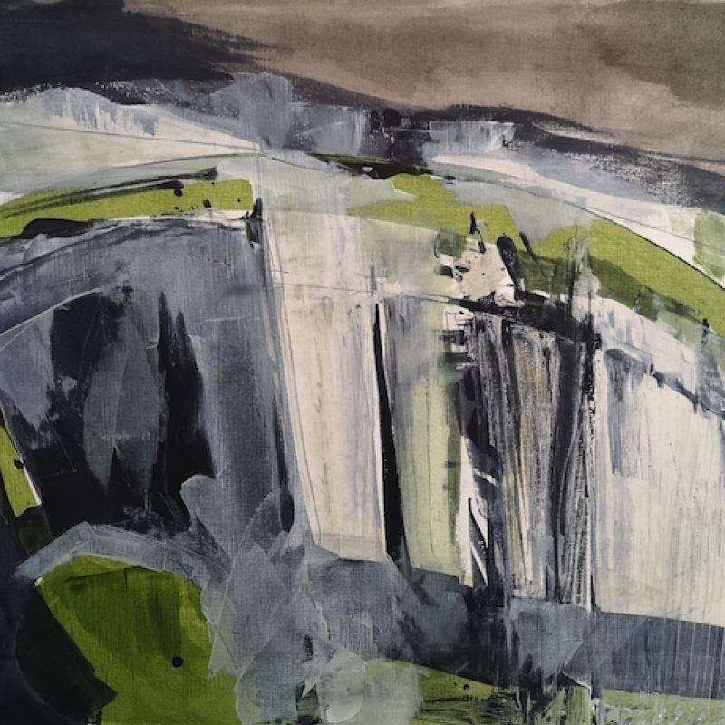 Abstract view of chalk escarpments at Lewes, Greys, white and bright green marks