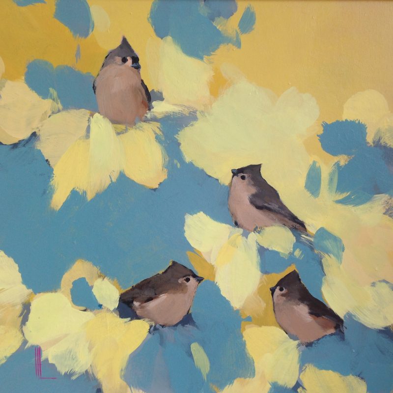 Four tufted mouse tits placed in blues and yellow.