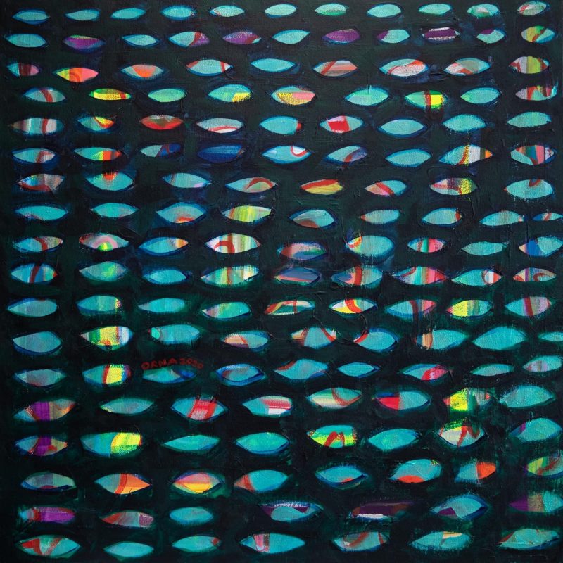 A painting of deep dark blues and black with fish/eyes like shapes showing light colours