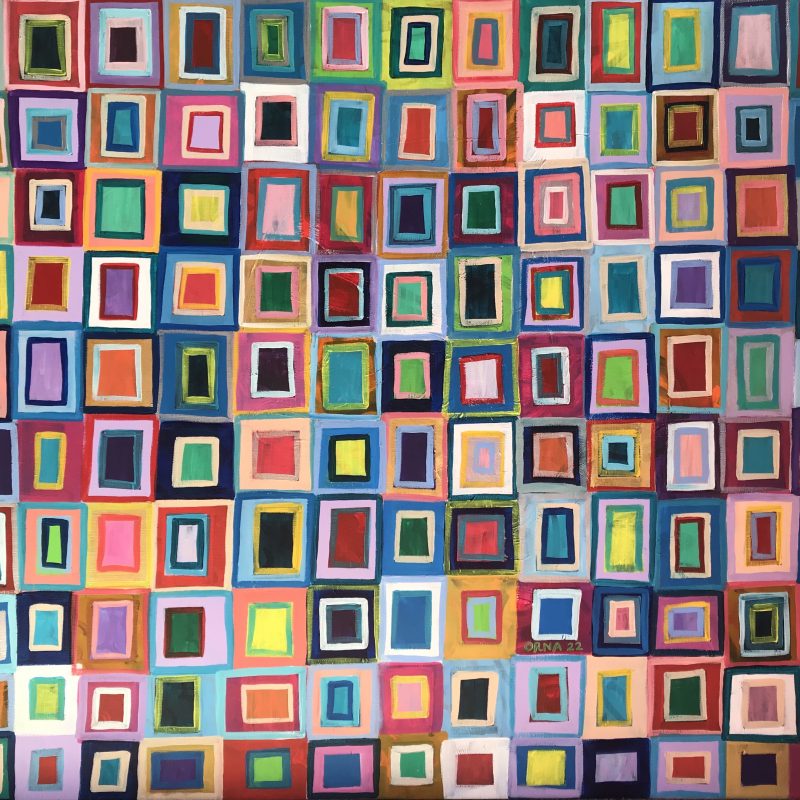 A painting made of coloured rectangular shapes.