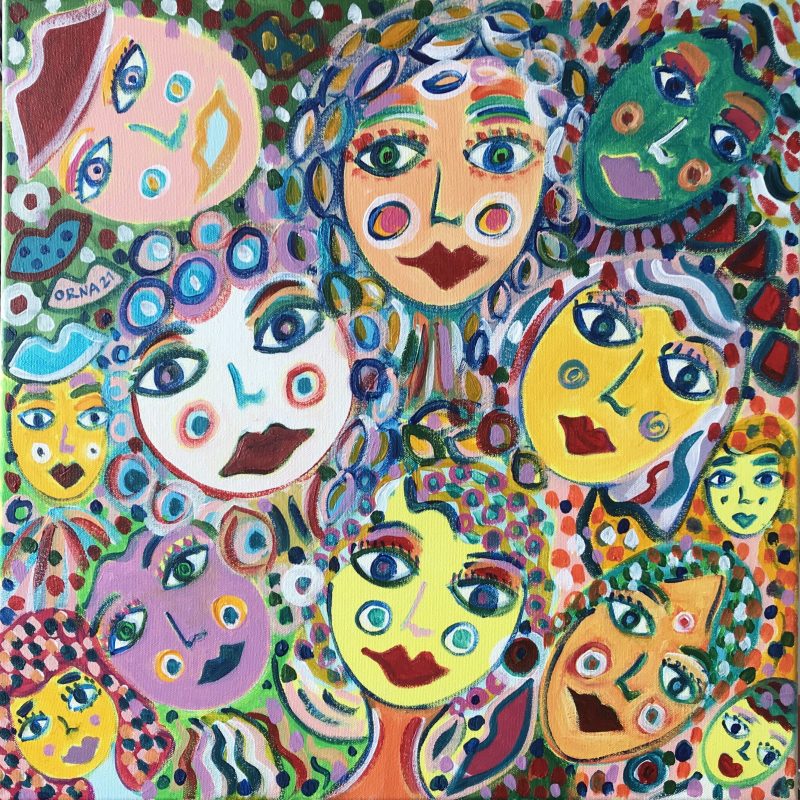 A painting of colourful and joyful faces