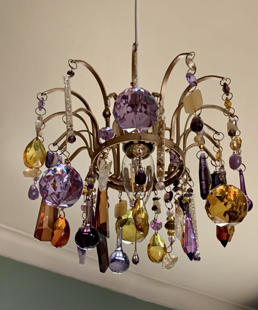 Lampshade made of yellow and purple crystals, Quartz, and semi precious stones 