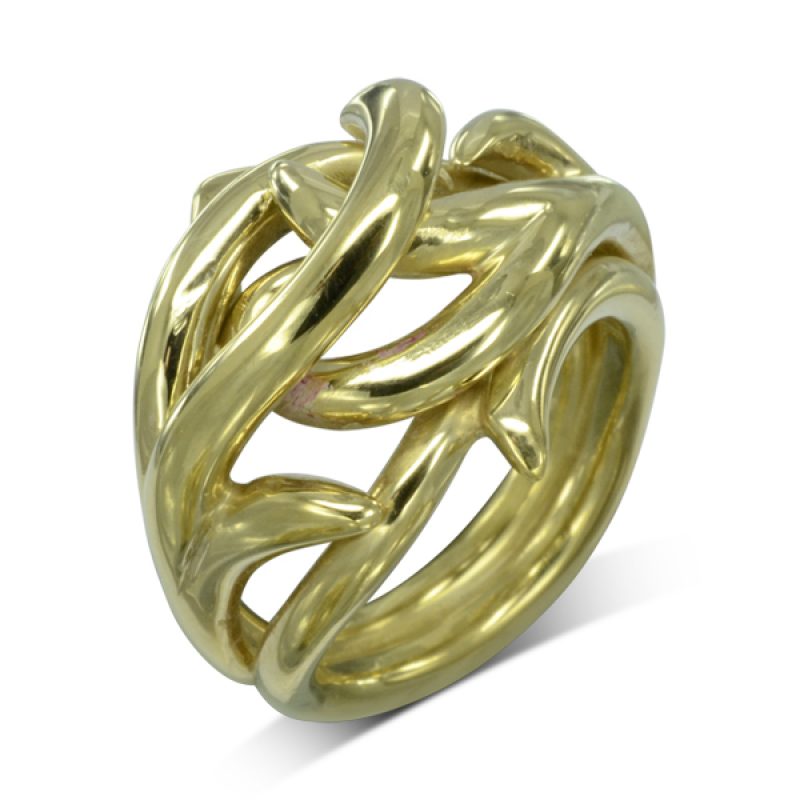 An Unusual Gold Spiky Dress Ring resembling a nest of roots or branches. In 9ct yellow gold, 22mm wide at the front and 8mm high, the spiky strands are made from 3mm round section wire. 