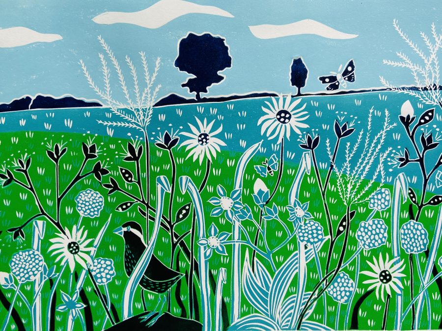 Original linocut print, green and blue with a bird and butterfly.