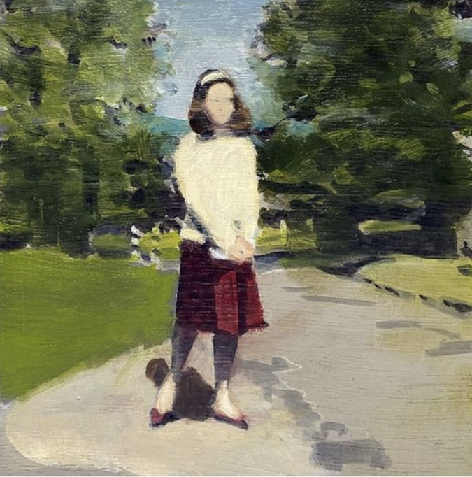 An evocative oil and egg tempera painting depicting a woman standing on a tree-lined path